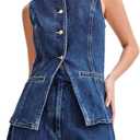 ELFTOWN Women's Denim 2 Piece Outfits Casual Button Down Sleeveless Top Trendy High Waist Jean Shorts (Large, Blue)