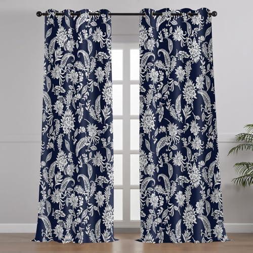 EOTDMS Paisley Floral Print Curtains Farmhouse Vintage Curtains for Bedroom 84 Inch Length 2 Panels Thermal Insulated Window Treatments Drapes for Living Room, 42x84 inches, Navy Blue and White