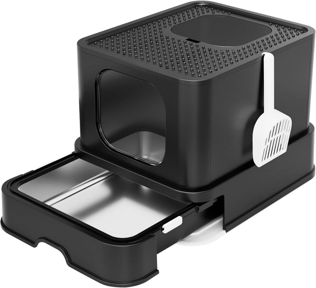 RIZZARI Enclosed Cat Litter Box: Black Covered Pan - Large Stainless Steel Tray with Teflon Non-Stick Coating - High Edges for Leak Protection & Odor Control - Ideal for Restroom or Porch