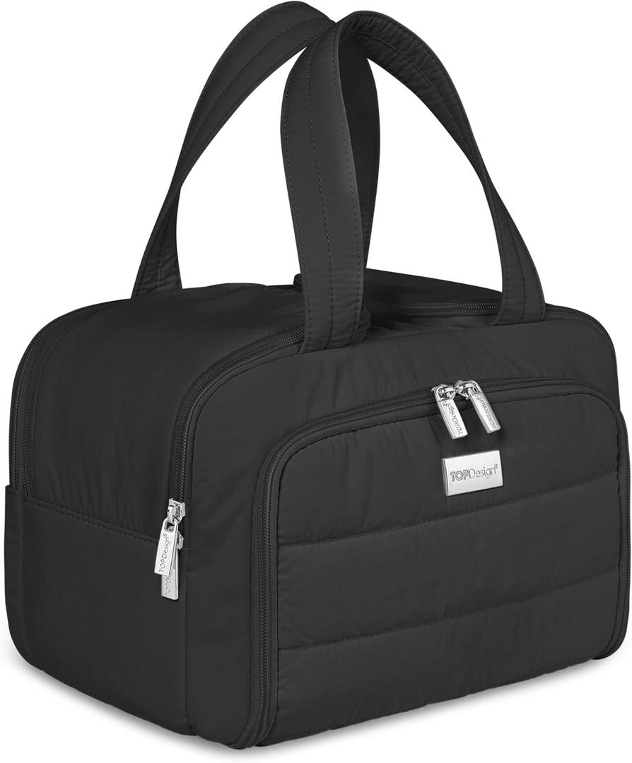 TOPDesign Travel Toiletry Bag for Women, Puffer Large Toiletry Bag, Lightweight Cosmetic Makeup Organizer with Handle for Traveling, Accessories, Essentials, Toiletries (Black)