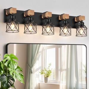 FadimiKoo 5-Light Wooden Black Bathroom Light Fixtures, Rustic Style Vanity Wall Sconces Lighting with Metal Cage, Farmhouse Bathroom Lights Wall Mount for Bedroom, Living Room, Entrance 