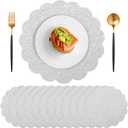 60 Pcs Silver Glitter Paper Placemats, 13.5 Inch Scalloped Disposable Placemat Round Sparkle Table Place Mats Decorative Paper for Birthday Wedding Banquet Party