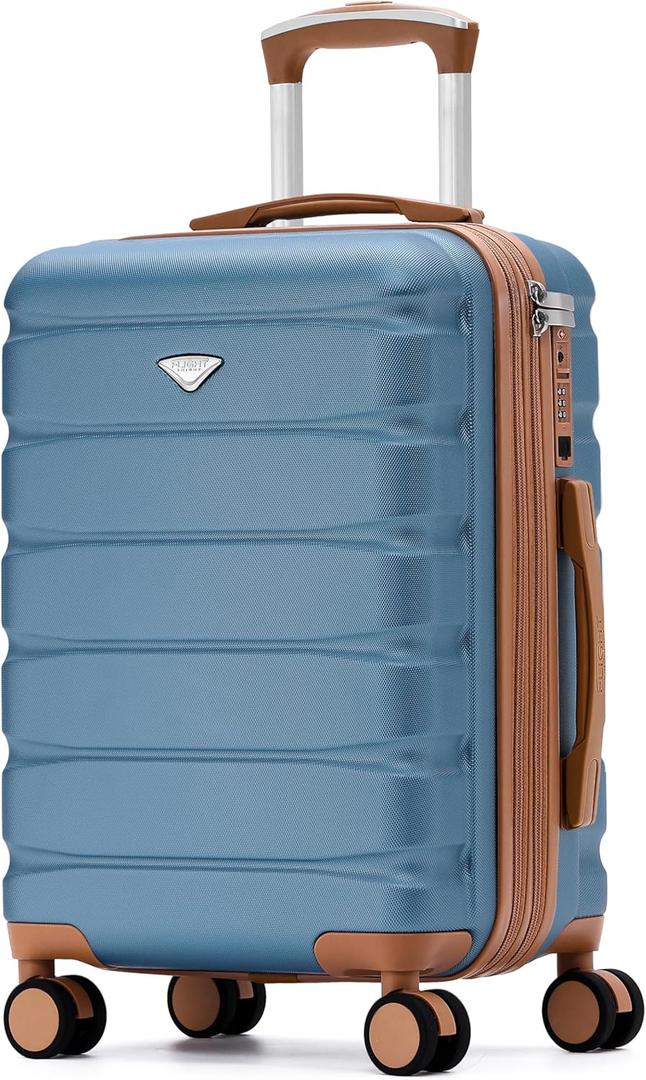 Carry On Suitcase Hardside Built In TSA Lock & USB Port Silent Double Spinner Wheels Maximum Overhead Carry-On Bag For American & United Approved Airlines( 22x14x9" ,Blue/Tan )