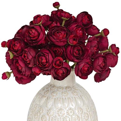 Letjolt Ranunculus Artificial Flower 18 Pcs Red Silk Ranunculus Wedding Bouquet Engagement Centerpieces Arrangements Bridal Shower Decorations Home Decor, Dark Red