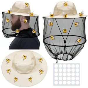 47 Pcs Beekeeper Set, Including 2 Pcs Bee Hat and Veil, 15 Pcs Hairball Bee and 30 Pcs Round Double Sided Tape, Beekeeping Helmet Hats with Netting, for Bee Keeper Halloween Costume (Set - A)