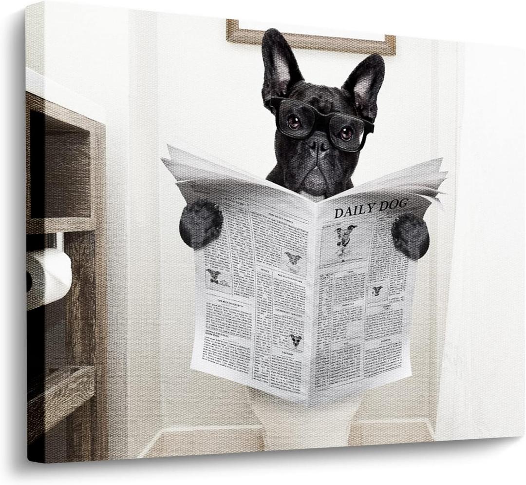 Funny Dog Canvas Wall Art Print French Bulldog Read Newspapers Sitting on Toilet Poster Prints on Canvas Painting Artwork Stretched and Framed Ready to Hang for Bathroom Walls Decor 20x16 in