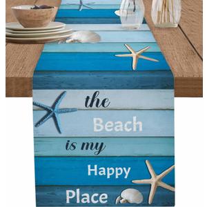 Starfish Table Runner 13x72 inch, Beach Ocean Blue Wood Grain Farmhouse Dinning Table Runner for Farmhouse Wedding Party Barbecue Table Decor