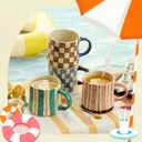 Retro Checkered Ceramic Coffee Mug 16Oz - Extra Large Handle, Microwave Safe Vintage Patterned Tea Cup for Home-4pack, Standard