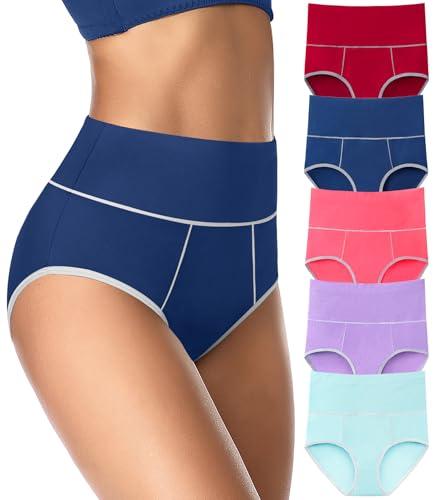 ASIMOON Womens Tummy Control Underwear Cotton High Waisted Panties Ladies Postpartum Briefs Pack, 5 pcs, M
