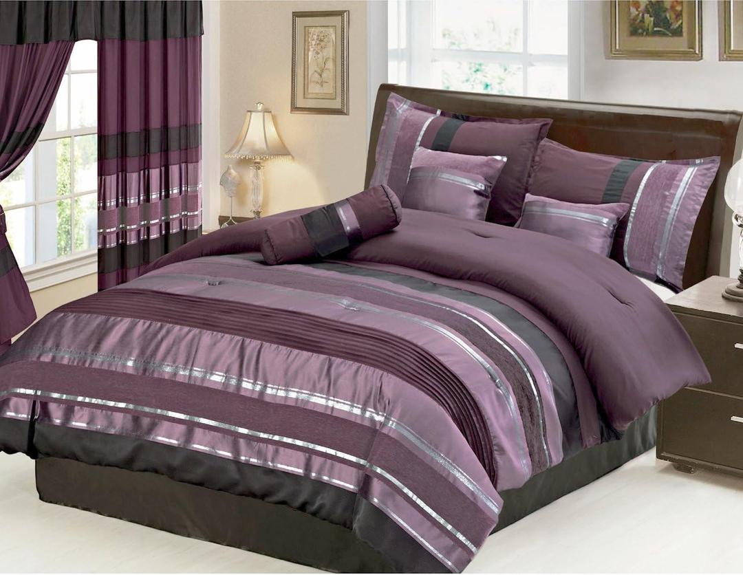 Grand Linen 7 Piece Oversize Eggplant Purple Black Silver Stripe Chenille Comforter Set 106" X 94" King Size Bedding
