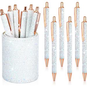 Bling Sequin Pen Holder with 6 Pcs Sequin Click Pens Cute Glitter Retractable Ballpoint Pens, Pencil Cups for Desk Organizer Makeup Brush Holder for Women Girls Classroom Offices(White)