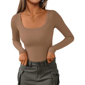 PRETTYGARDEN Square Neck Long Sleeve Shirts for Women | Soft Stretchy Ribbed Knit Basic Tees,Business Casual Work Tops,Layering Undershirt,Trendy Going Out Fall Outfits 2026 (Brown)