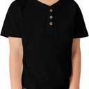 GAMISOTE Kids Boys Henley Shirts Solid Button Down Short Sleeve Pocket Casual Tops Tees (Black)