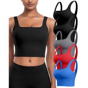 Womens Sports Bras 5 Packs - Square Neck Longline Workout Crop Tank Tops Padded Yoga Camisole with Built in Pads M