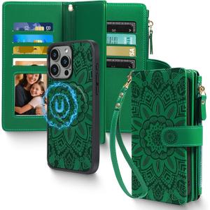 Harryshell 2 in 1 for iPhone 16 Wallet Case Magnetic Compatible with Magsafe RFID Blocking Card Holder Detachable Phone Cover Zipper Purse Kickstand Wrist Strap for Men Women 6.1" 2024 Floral Green