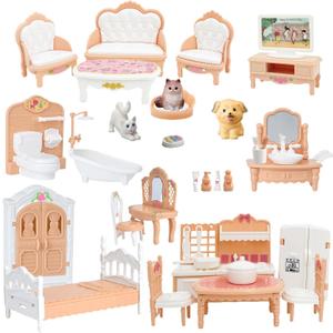 Dollhouse Furniture Set, Complete Room Collection with Kitchen, Dining, Living Room, Bedroom and Bathroom Accessories, Plastic (36-Piece Hrown)