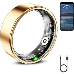 Mirlray Smart Ring for Women & Men, Smart Ring Health Tracker, Blood Oxygen & Heart Rate Monitor, Long Lasting Battery Sleep Ring, Waterproof Fitness Ring (Gold, 10)