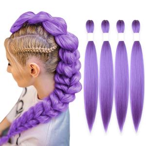 Purple Braiding Hair 20 Inch Pre Stretched Hair Long Straight Crochet Braids Yaki Texture Synthetic Fiber 4 Packs (Light Purple)
