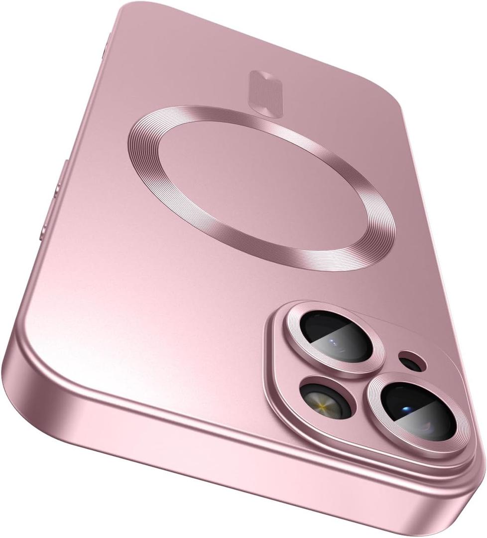 Magnetic for iPhone 14 Case [Compatible with MagSafe][Built-in Camera Lens Protector] Slim Soft Silicone Bumper Shockproof Metallic Luster Phone Case (Rose Gold)