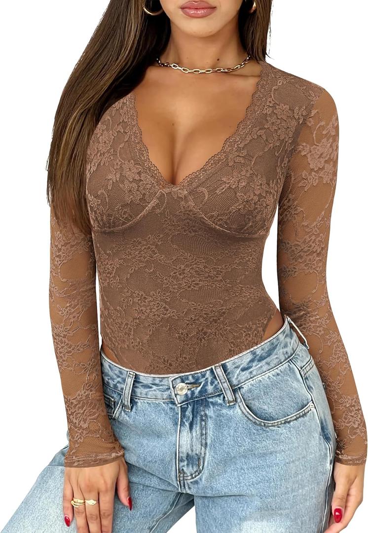 Saslax Women's Lace Bodysuit Sexy Deep V Neck Long Sleeve Body Suits Thong Slim Fit Double Lined Y2K Going Out Tops (XX-Large, Brown)
