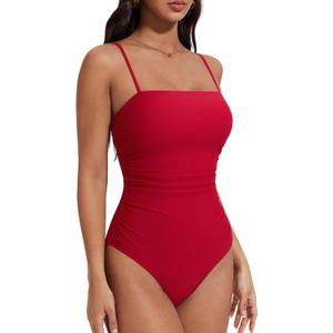 SUUKSESS Women Sexy One Piece Swimsuit Tummy Control Square Neck Bathing Suit Retro Backless Swimwear (Red, XL)