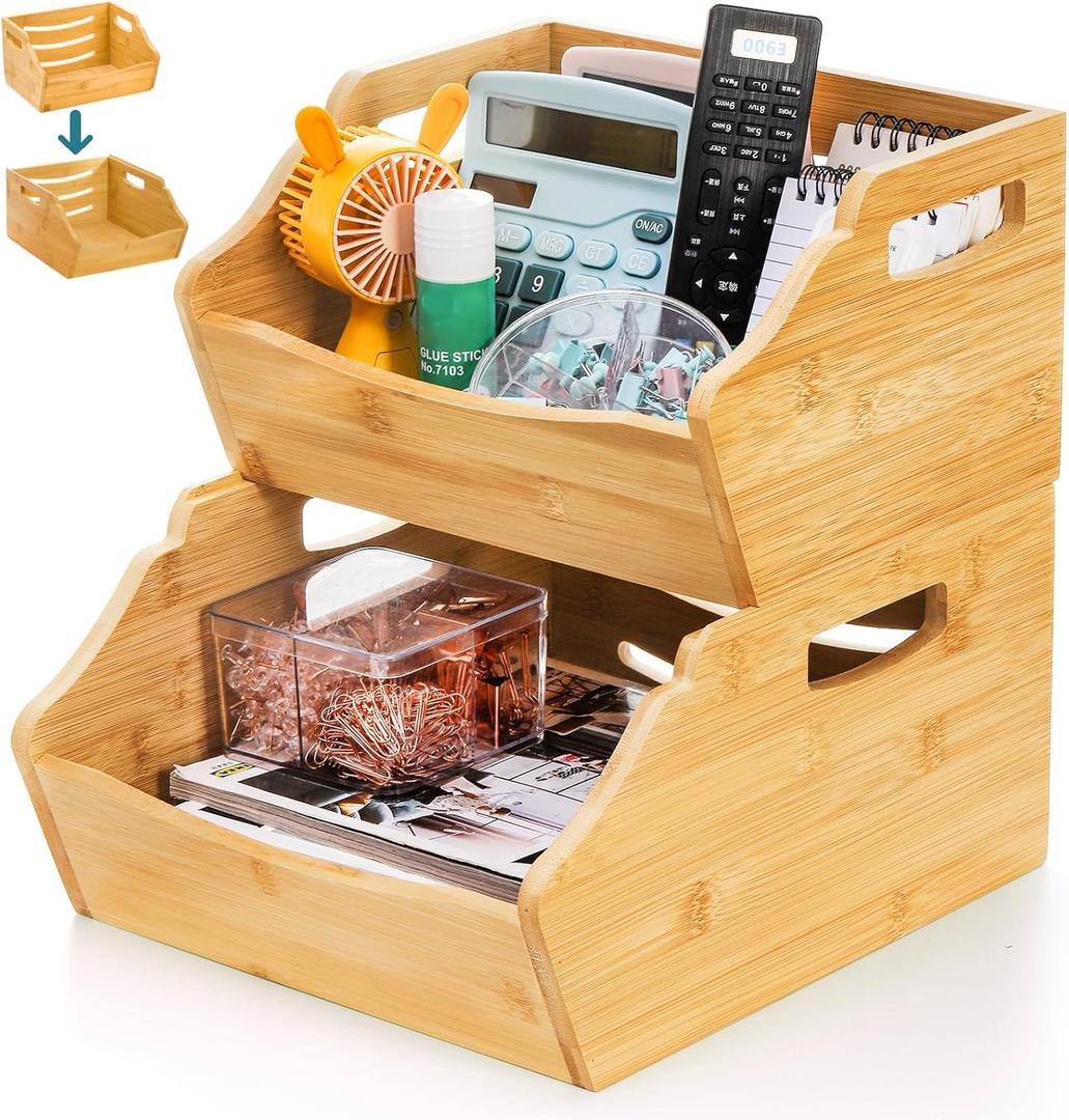 Cididu 2 Pack Bamboo Stackable Storage Bin, Countertop Open Front Stacking Bins, 2 Tier Organize Basket Box with Handle, Food Fruit Container for Cabinet, Kitchen, Studio, Office