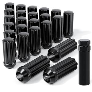 24pcs M14x1.5 Black Lug Nuts - Closed End Bulge Cone Seat Spline Wheel Locks with Socket Key - Compatible with 8-Lug Aftermarket Rims for Chevy Silverado 1500, GMC Sierra & Suburban