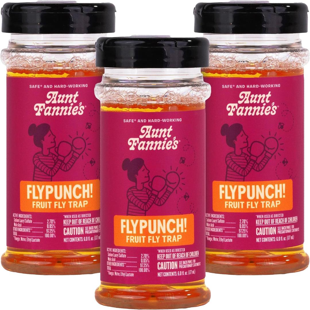 Aunt Fannie's FlyPunch Fruit Fly Trap for Indoor and Kitchen Use, Ready to Use, Made with Plant Based Ingredients, Safe Near Food, Each Bottle Lasts Up to 30 Days, Pack of 3