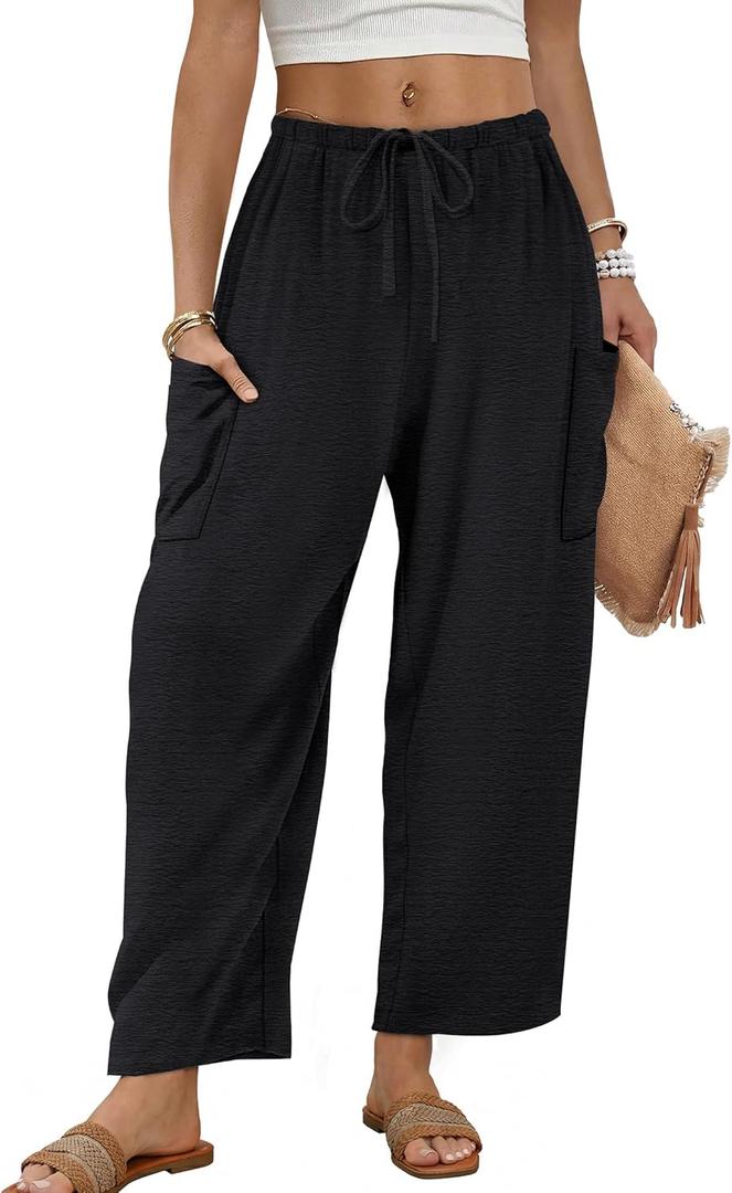 Sampeel Wide Leg Pants for Women Barrel Flowy Palazzo Elastic Waist Trousers with Pockets Summer Beach Vacation Outfits S
