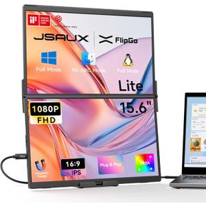 JSAUX FlipGo Lite 15.6" Portable Dual Stacked Monitor, 1080P FHD IPS Laptop Screen Extender One Cable for Triple Monitor Setup (For Windows&Linux) with Magnetic Design, Built-in Hub, No Driver Required