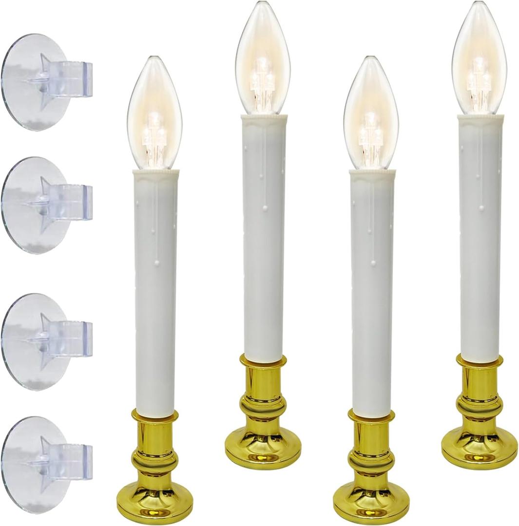 Xingzd 4 Pack Battery Operated LED Window Candles with Timer 6-18h, 7.75" Flameless Candle Lamp with 4 Suction Cups & Gold Holders & C26 Clear Bulbs for Christmas Holiday Decoration