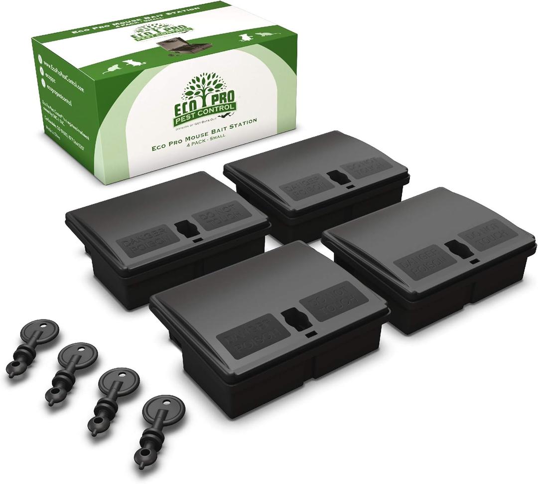 Mouse Bait Station | 4-Pack Indoor & Outdoor Mouse Bait Stations | Bait (Not Included) is Secured by Lock & Key | Pet & Child-Safe Alternative to Mouse Traps | For Mice Only - by Eco Pro Pest Control