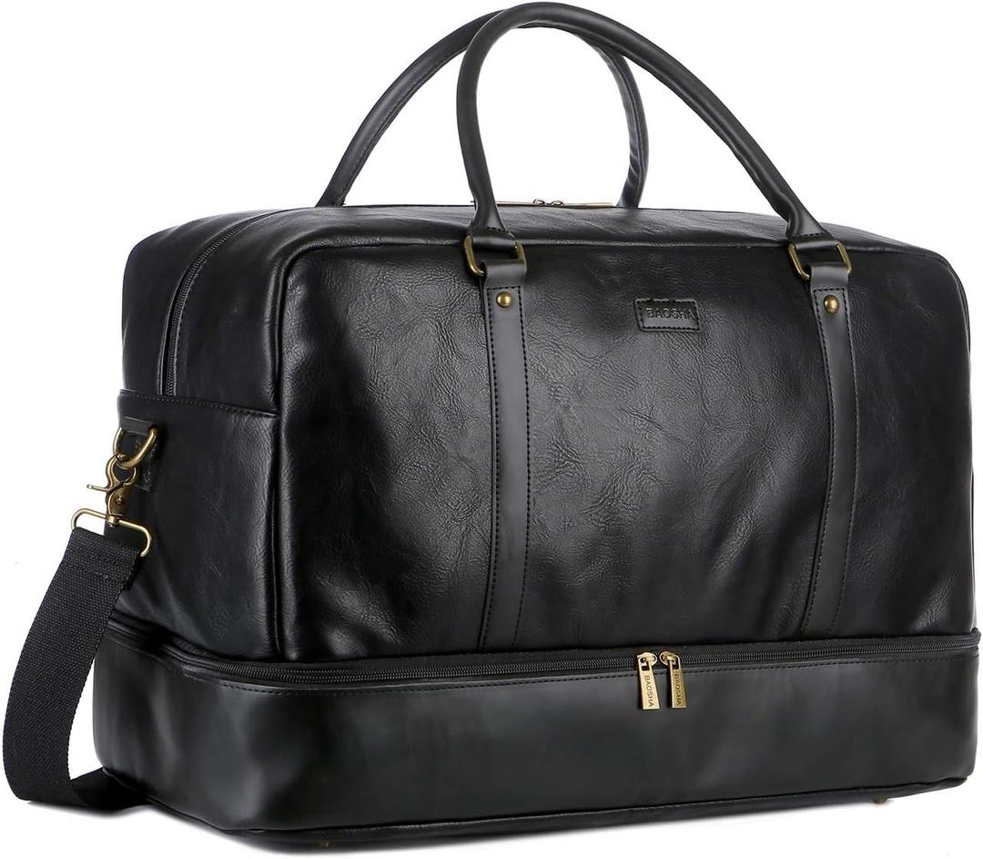 Baosha Vegan Leather Large Travel Duffel Tote Bag Carry On Weekender Overnight Bag With Shoe Compartment HB-38 (Black)