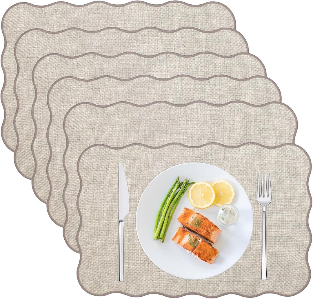 Cloth Placemats Set of 6 Faux Linen Scalloped Edge Rectangular Table Mats Washable Heat Resistant for Dining Table Kitchen Restaurant Beige, 12" x 18"