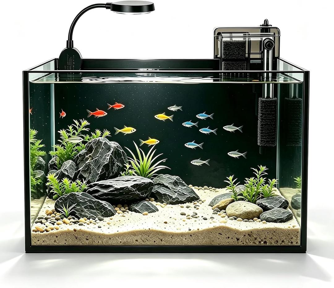 2.8 Gallon Aquarium Starter Kits, Desktop Fish Tank with Nano Clip-on LED and Waterfall Filter Pump, Perfect for Small Fish, Shrimp, or Betta