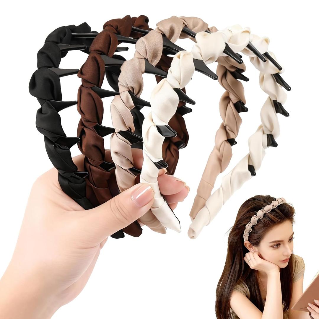 Auseibeely 4 Pcs High Cranium Headbands for Women Girls - Non Slip Zig Zag Headband with Teeth - Retro Plastic Satin Braided Comb Headband Fashion Accessories for High Skull - Ideal Gifts for Women