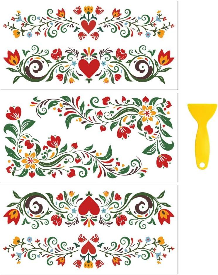 Peacoblue Rub on Transfer Decal Sticker for Furniture Craft Decor 6"x12" Vintage Dutch Folk Art Flowers, 3Pcs Waterproof UV DTF Transfer for Drawer Dresser Glass Porcelain Wood Plastic