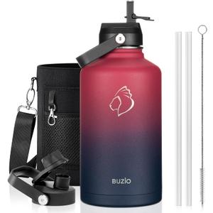 BUZIO 64oz Insulated Water Bottle Stainless Steel Double Wall Leak Proof Half Gallon with Straw Lid and Flex Cap (Cold for 48 Hrs) Sports Flask Metal Travel Mug for Hiking Cycling, Ruby Red Navy