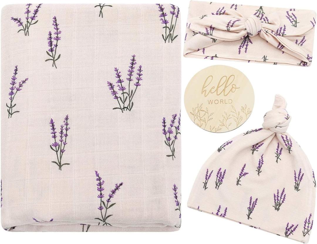 LifeTree Muslin Swaddle Blankets, Muslin Baby Boy Swaddle Blanket, Headband and Hat Set with Birth Announcement Card, Newborn Unisex Receiving Organic Cotton Blankets, Lavender Pattern