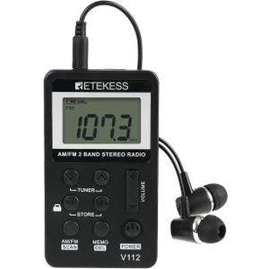 Retekess V112 AM FM Pocket Radio, Digital Radio with Earphone, Rechargeable Battery with LCD Display for Walking, Jogging, Training(Black)