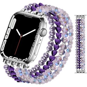 JR.DM Beaded Bracelet Bands Women Compatible with Apple Watch 38mm 40mm 41mm 42mm(S10/11) Stretch Handmade Dressy Crystal Elastic Strap Replacement for iWatch Series 11/10/9/8/7/6/5/4/3/2/1/SE, Purple