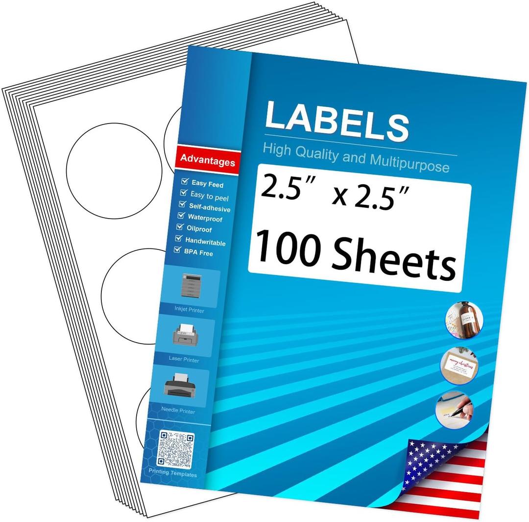 2.5" Circle Sticker Labels, Round Printable Sticker to Write On, Sticker Paper for Inkjet Printer, (9 Labels/Sheet), 100 Sheets