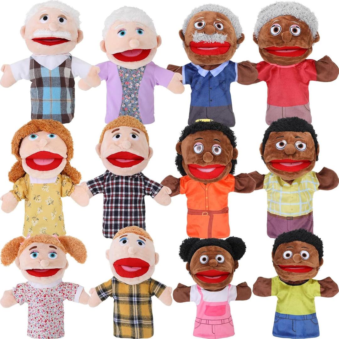 Shappy 12 Pcs Family Hand Puppets 12 Inch Grandparents, Mom & Dad, Brother & Sister, Son Daughter Plush Hand Puppet Toys Role-Play Toy Gifts for Christmas Kids Storytelling School Teaching