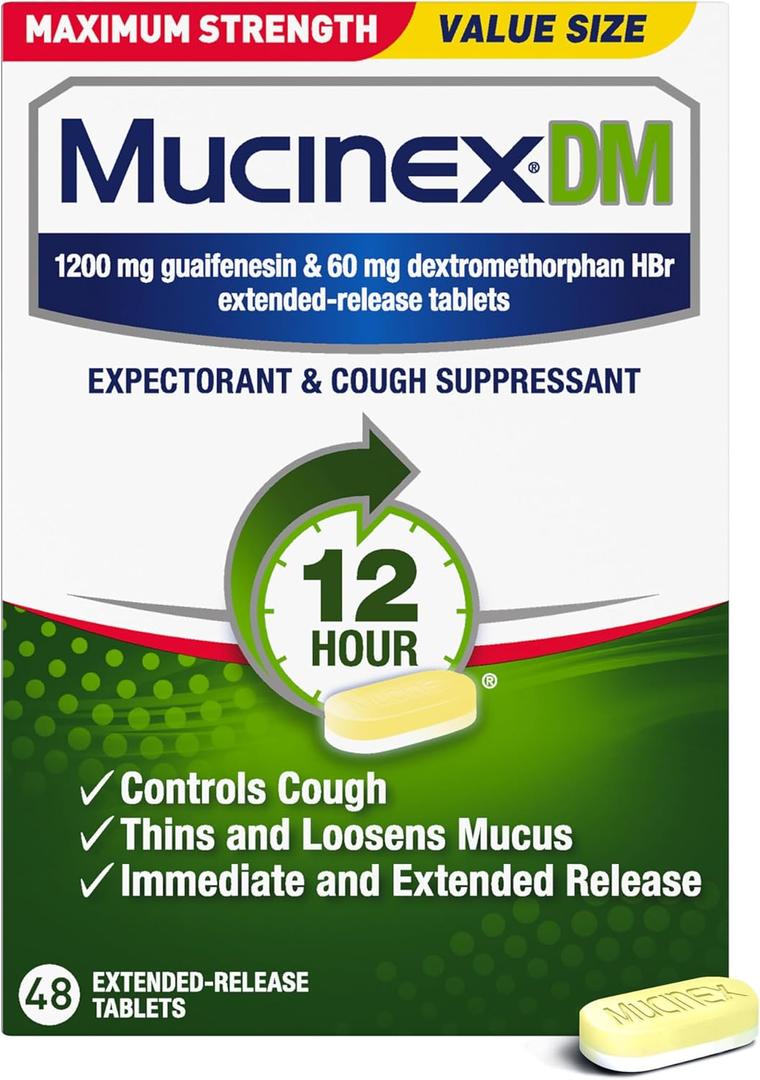 Mucinex DM 12Hr Maximum Strength Chest Congestion & Cough Medicine for Adults, Cold and Cough Medicine for Excess Mucus Relief, 1200 mg Guaifenesin & 60 mg Dextromethorphan HBr, 48 Bi-Layer Tablets, BBD: Sep 2028