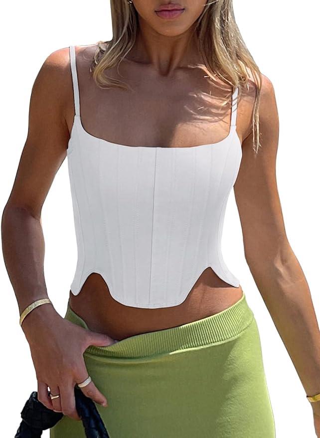REORIA Women's Sexy Square Neck Trendy Sleeveless Adjustable Spaghetti Strap Corset Tank Crop Tops, Medium