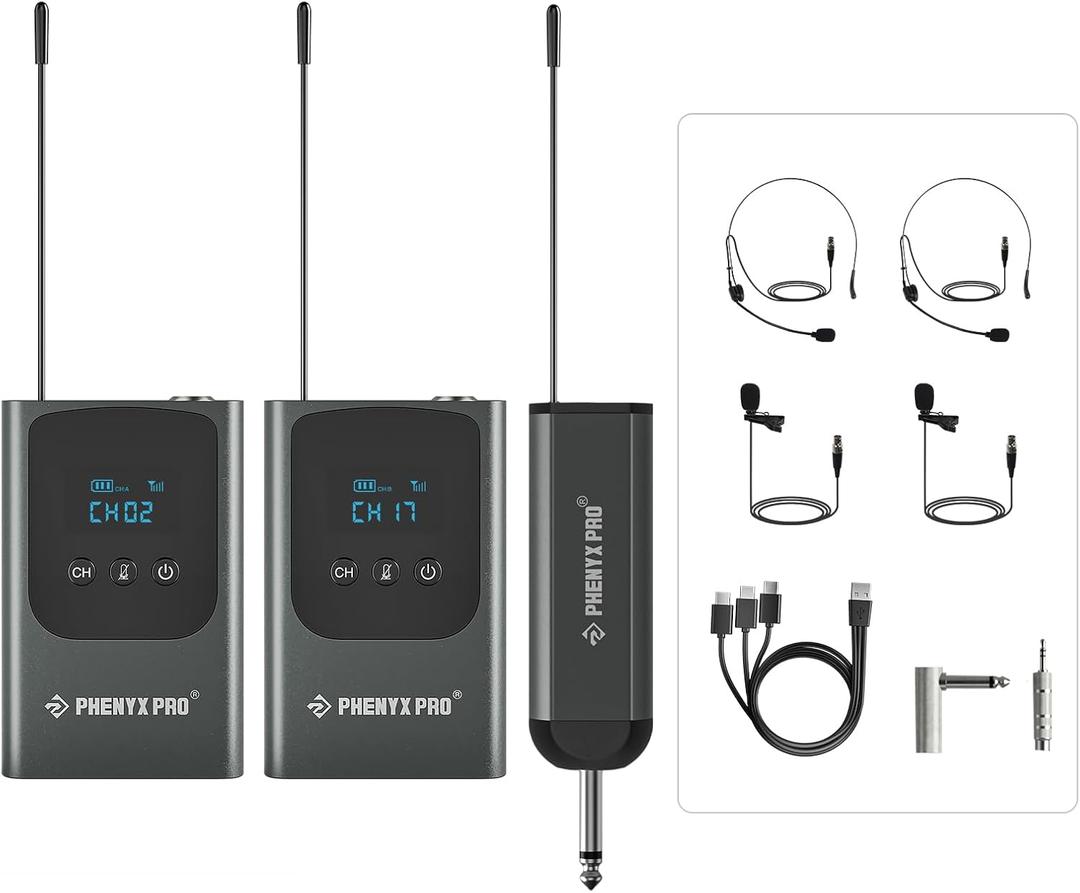Phenyx Pro Dual Digital Wireless Microphone System, Portable Mini Receiver, 2x15 UHF Frequencies, 2 Bodypack Transmitters, Headset/Lapel Microphone for Singing, Karaoke (PDP-2-2B)