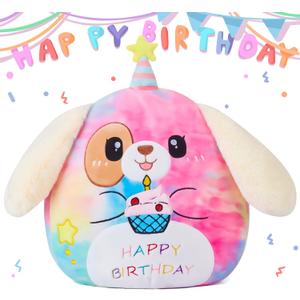 Original 14.5-Inch Large Happy Birthday Dog Plush Pillow Stuffed Animal Toy Big Size Cute Soft Kawaii Cuddle Huggable Plushie,Gift for Kids