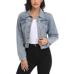 andy & natalie Women's Denim Jackets Cropped Long Sleeve Basic Button Down Crop Jean Shacket with Pockets (Light Blue) S