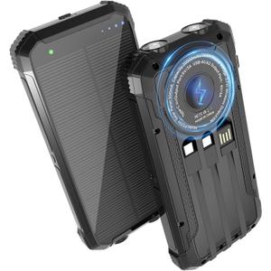 Solar Power Bank 20000mAh, 15W Wireless Fast Charger with 3 Built-in Cables, USB-C Output Portable Battery Pack, Dual Flashlights Power Bank for iPhone 17 16 15 14, Samsung Galaxy, Camping