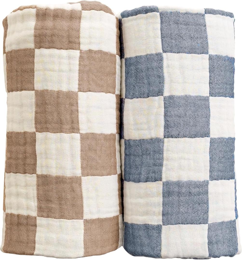 Ultra Soft Checkered Muslin Baby Blanket Pack of 2 Cotton Swaddles Bed Blankets for Babies and Toddlers Boys Newborn 42 x 42 inches (Blue and Coffee)